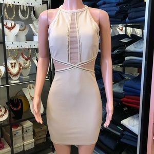 Nude High Neck Halter Bodycon Dress Cutout